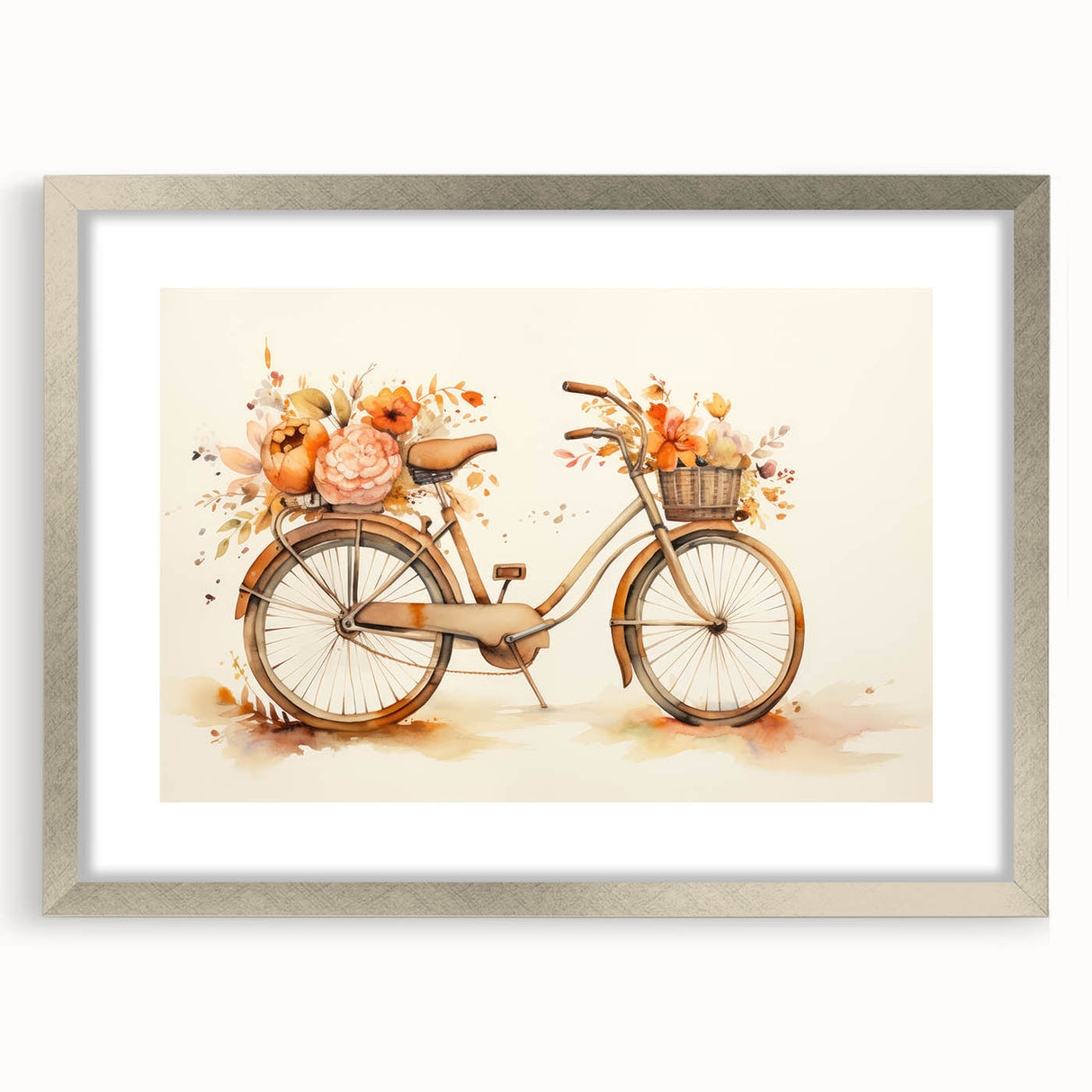 Abstract art print of a stylized bicycle in black and white, framed in silver, suitable for bedroom or dining room decor.