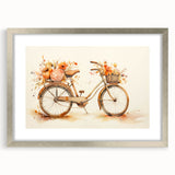 Abstract art print of a stylized bicycle in black and white, framed in silver, suitable for bedroom or dining room decor.