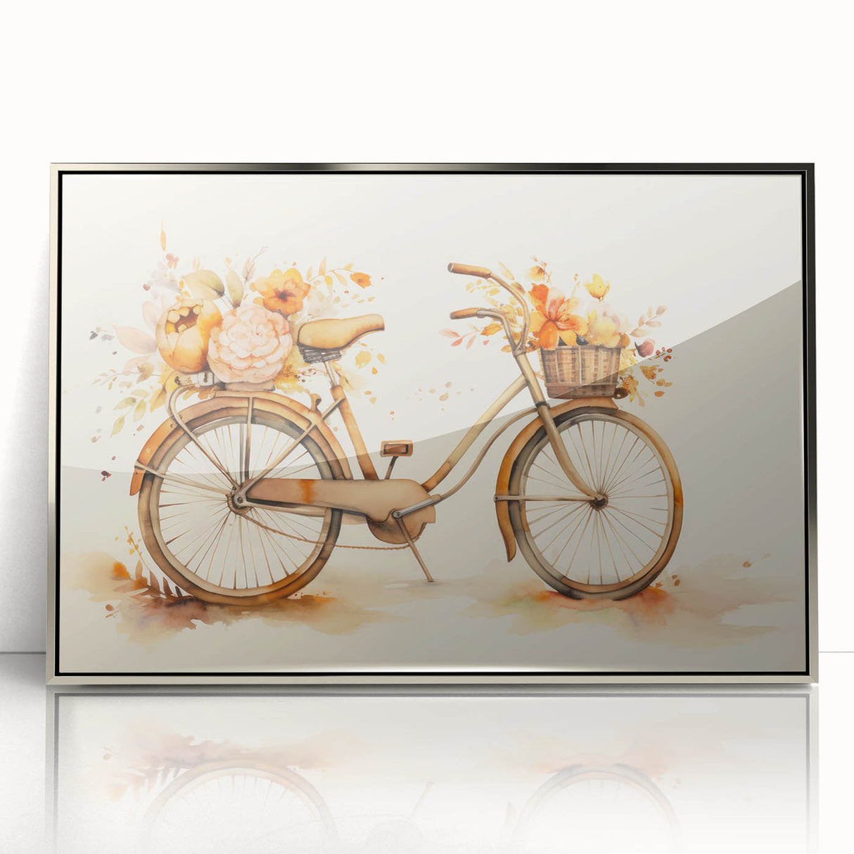 Mid-century modernist art of a bicycle in muted earth tones on a silver-framed acrylic print, suitable for nursery wall art.