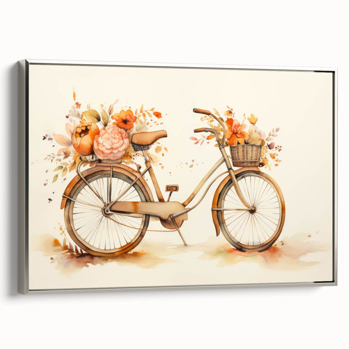 Vintage poster art of a bicycle in colorful art style, framed canvas in silver, ideal for adding character to a home office.