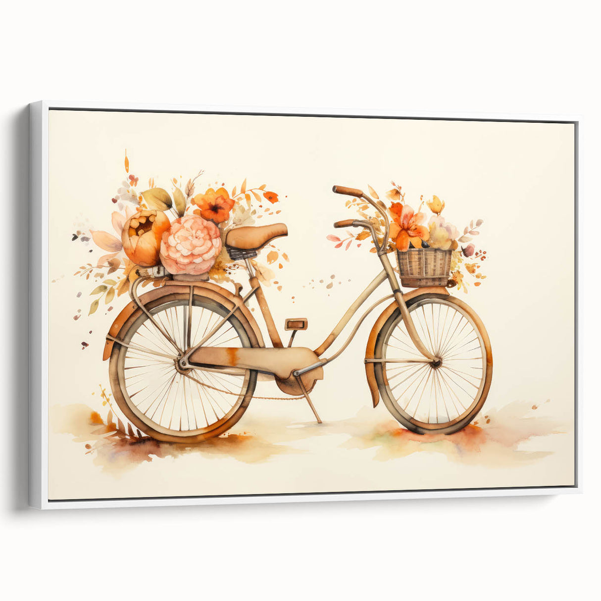 Vintage poster art of a bicycle on a black background with colorful accents, framed canvas, ideal for living room decor.