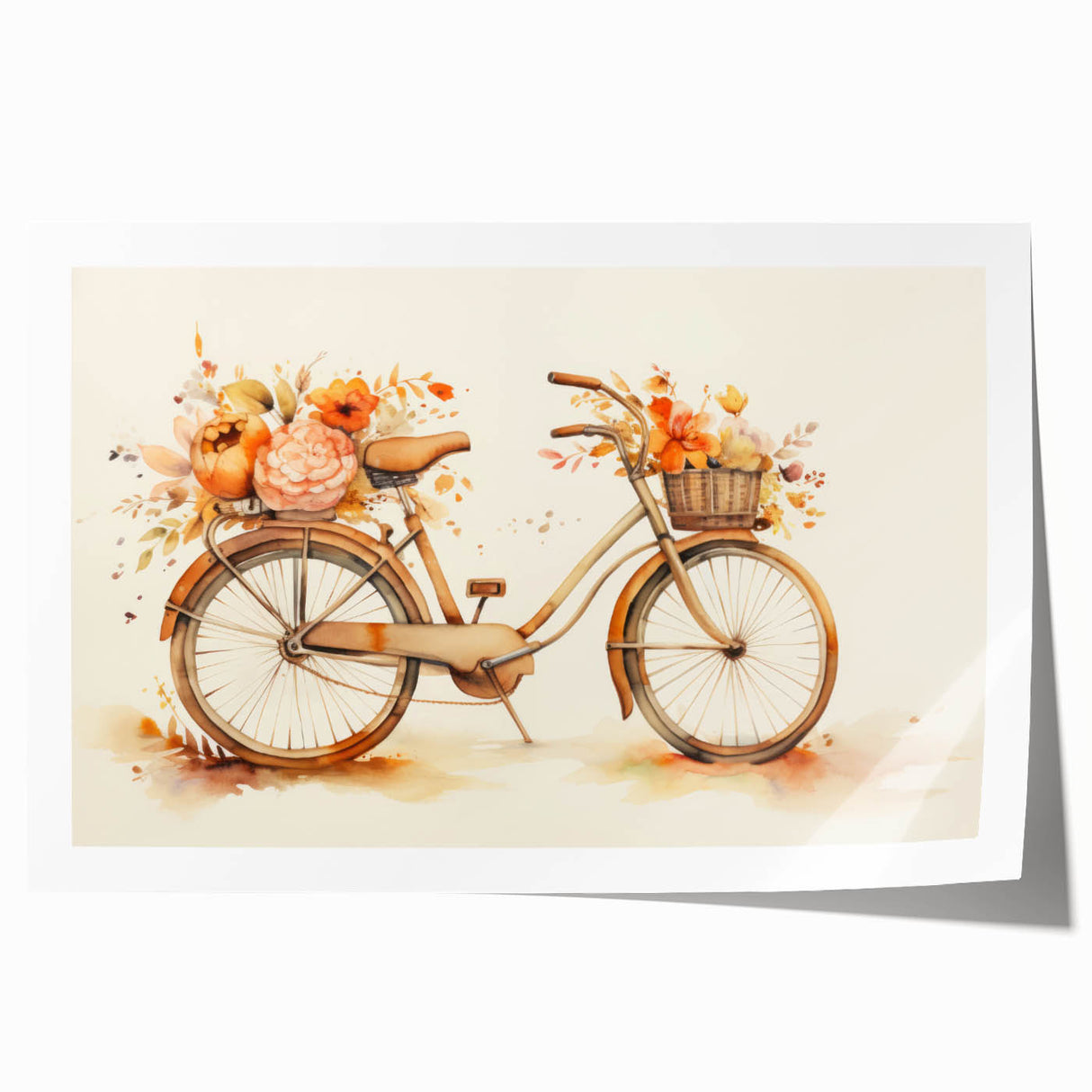Extra large rolled print of a vintage bicycle with floral accents in soft pastel shades, ideal for art wall dining room.