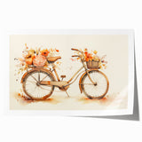 Extra large rolled print of a vintage bicycle with floral accents in soft pastel shades, ideal for art wall dining room.