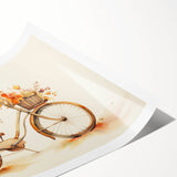 Extra large wall art featuring a line art design of flowers on a bicycle, in black and white, printed on rolled canvas.