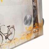 Mid-century modernist art of a bicycle in muted earth tones on acrylic glass, ideal for dining room art.