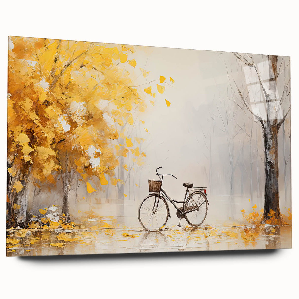 Side view of a bicycle depicted in large abstract style on acrylic glass, featuring neutral and gray tones.
