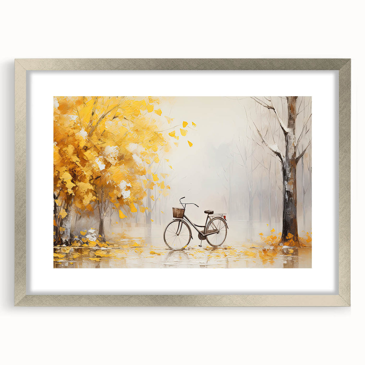 Abstract art print of a stylized bicycle in monochrome tones on a framed silver mat, suitable for dining room decor.