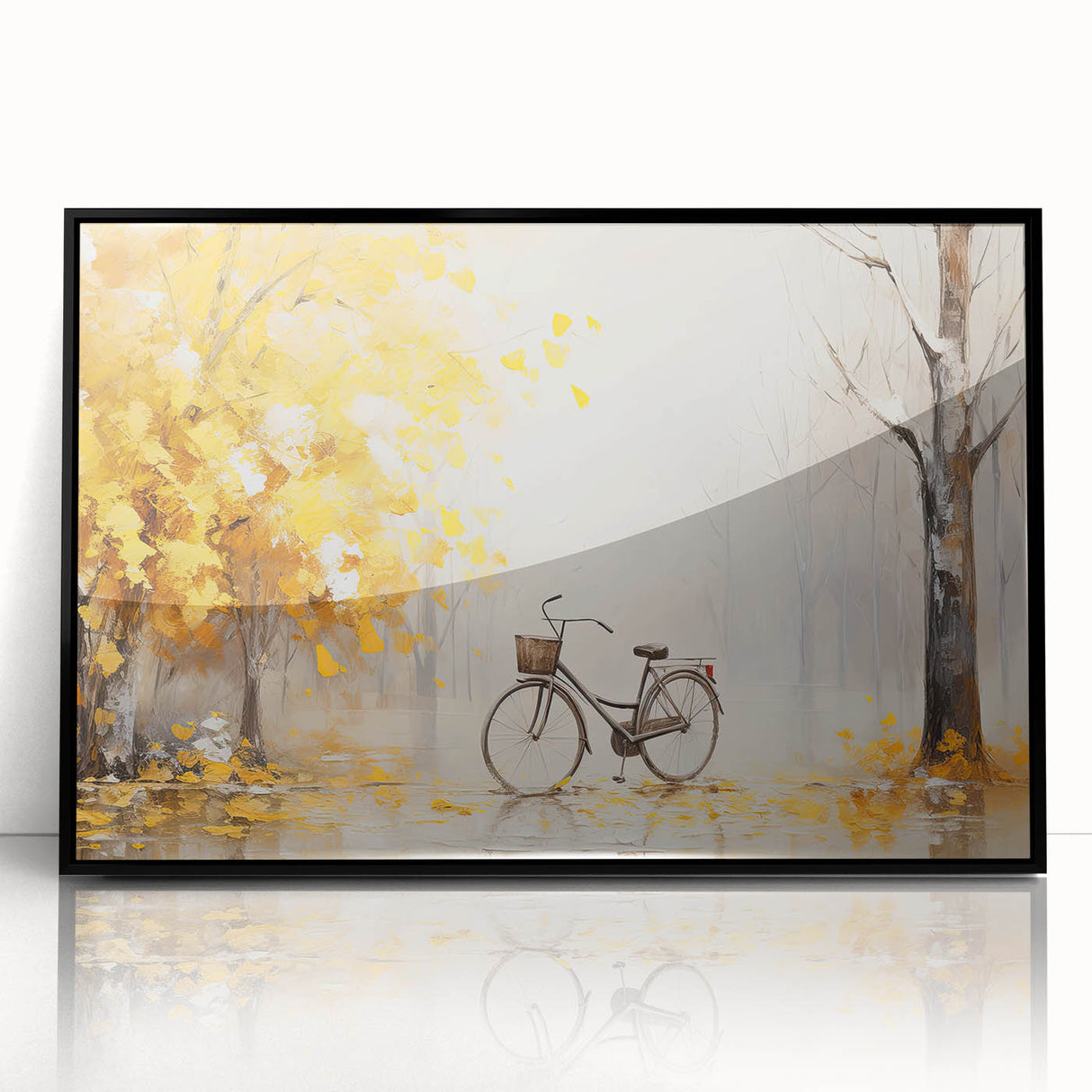 Large abstract wall art featuring a black and white bicycle, mid-century modernist style, framed in acrylic.