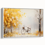 Vintage poster art of a bicycle on a white framed canvas, featuring a colorful palette, ideal for living room decor.