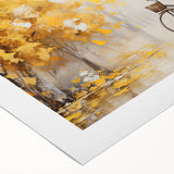 Art deco poster featuring a detailed bicycle illustration on a rolled canvas, with muted earth tones.