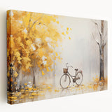 Side view of a vintage bicycle on a large stretched canvas with muted earth tones, ideal for kitchen wall art.