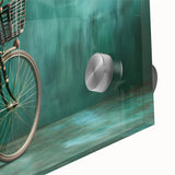 Mid-century modernist art featuring a large abstract depiction of a bicycle in muted earth tones on acrylic glass.