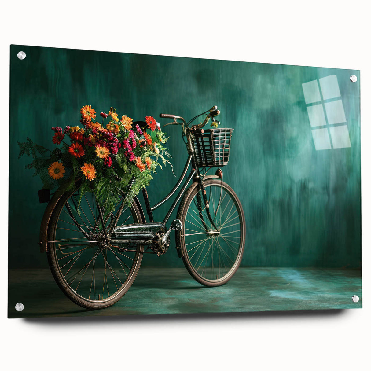 Side view of a bicycle depicted in large abstract style on acrylic glass, with a muted color palette.