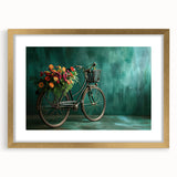 Abstract bicycle silhouette in textured art style on a gold-framed canvas, using a blend of dark and light gray tones.