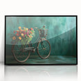 Large abstract wall art featuring a bicycle silhouette in black on a white acrylic print, framed.