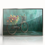 Mid-century modernist art of a bicycle in muted pastel colors on a framed acrylic, ideal for nursery wall art.