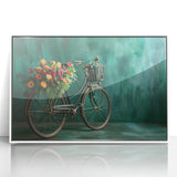 Art deco poster of a bicycle, framed in acrylic with a white border, featuring pastel shades, ideal for nursery wall art.