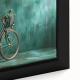 Extra large framed canvas featuring a black bicycle on a textured, colorful background, ideal for living room decor.