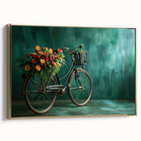 Vintage poster art of a black bicycle on a gold framed canvas, ideal for bedroom wall decor.