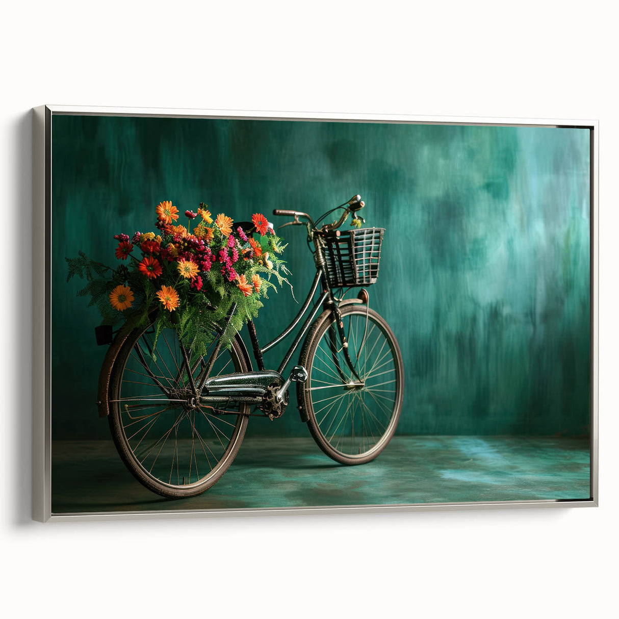 Vintage poster art of a bicycle on a colorful abstract background, framed canvas, ideal for living room decor.