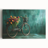 Black and white photo of a vintage bicycle on a stretched canvas, ideal for kitchen wall art.
