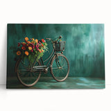Black and white photo of a vintage bicycle on stretched canvas, ideal for kitchen wall art or bedroom decor.