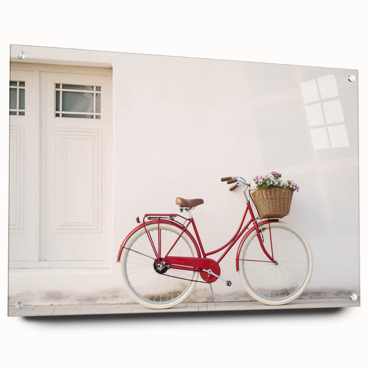 Art deco poster of a vintage bicycle in muted beige and black, acrylic glass, ideal for nursery wall art.