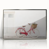 Mid-century modernist bicycle print in muted earth tones on a large framed acrylic, ideal for dining room art.