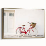 Vintage poster art of a bicycle against a black background on a framed canvas, suitable for bedroom decor.