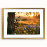 Textured art print of an abstract bicycle in gold and black tones, framed with a mat, suitable for bedroom decor.