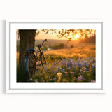 Extra large abstract art print of a bicycle in textured grays and whites, framed with a white mat.