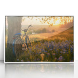 Art deco poster of a vintage bicycle in monochrome tones on white framed acrylic, suitable for nursery wall art.