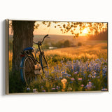 Vintage poster art of a black bicycle on a colorful abstract background, framed canvas, ideal for office decor.