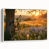 Extra large framed canvas featuring a black bicycle on a textured, colorful abstract background, ideal for living room decor.