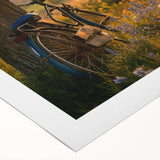 Art deco poster featuring a vintage bicycle in muted sepia tones on rolled canvas, suitable for dining room decor.