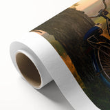 Art deco style bicycle illustration in muted pastels on rolled canvas, ideal for nursery wall art.