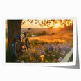 Extra large, rolled print of a vintage bicycle on a muted floral background.