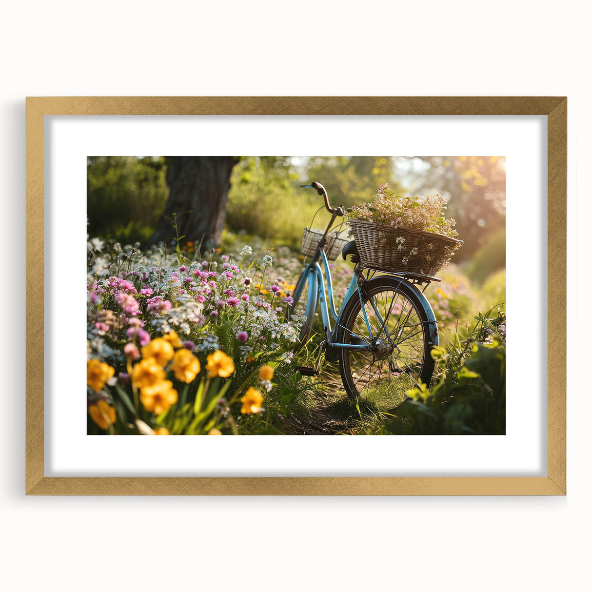 Textured art print featuring an abstract depiction of a bicycle in muted gold and black, framed with a gold mat.