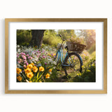 Textured art print featuring an abstract depiction of a bicycle in muted gold and black, framed with a gold mat.