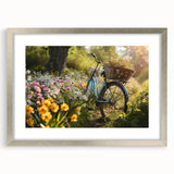 Abstract art print of a bicycle in monochrome tones on a framed canvas, suited for bedroom or dining room decor.