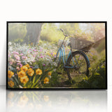 Large abstract wall art featuring a bicycle silhouette in black on a white acrylic print, framed.