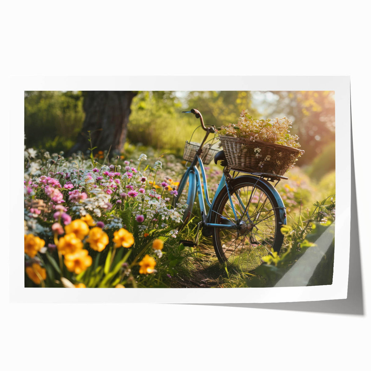 Vintage-style bicycle with floral accents in pastel shades, rolled print, ideal for art wall dining room.