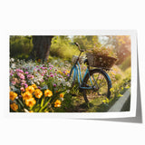Vintage-style bicycle with floral accents in pastel shades, rolled print, ideal for art wall dining room.