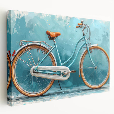 Side view of a vintage bicycle on a stretched canvas, depicted in muted earth tones, suitable for kitchen wall art.