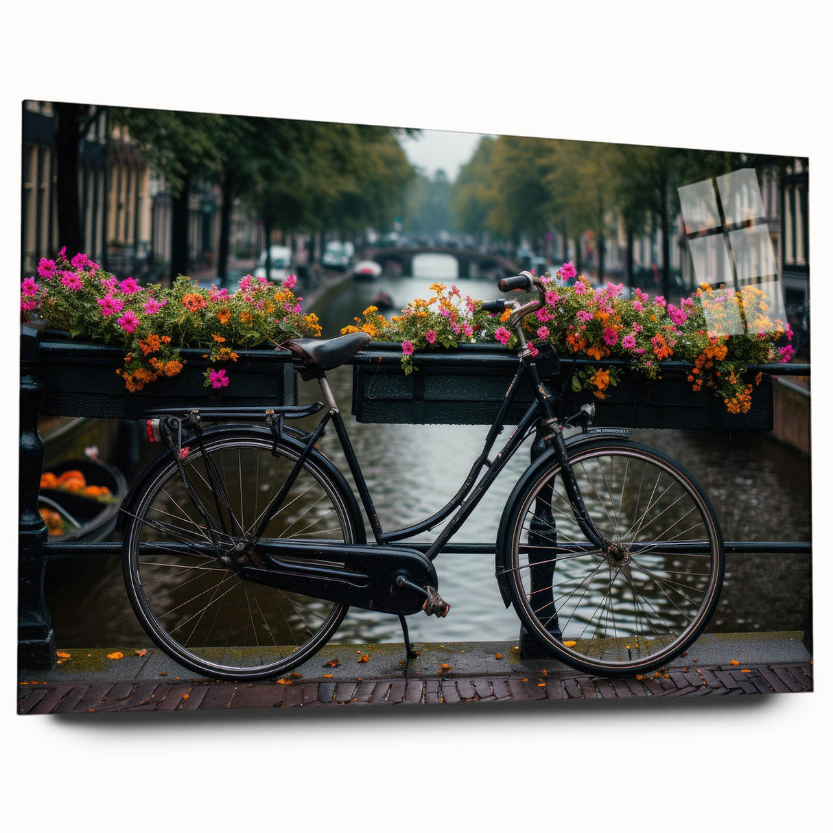 Acrylic print of a side-view bicycle in monochrome shades, suitable for dining room or bedroom decor.