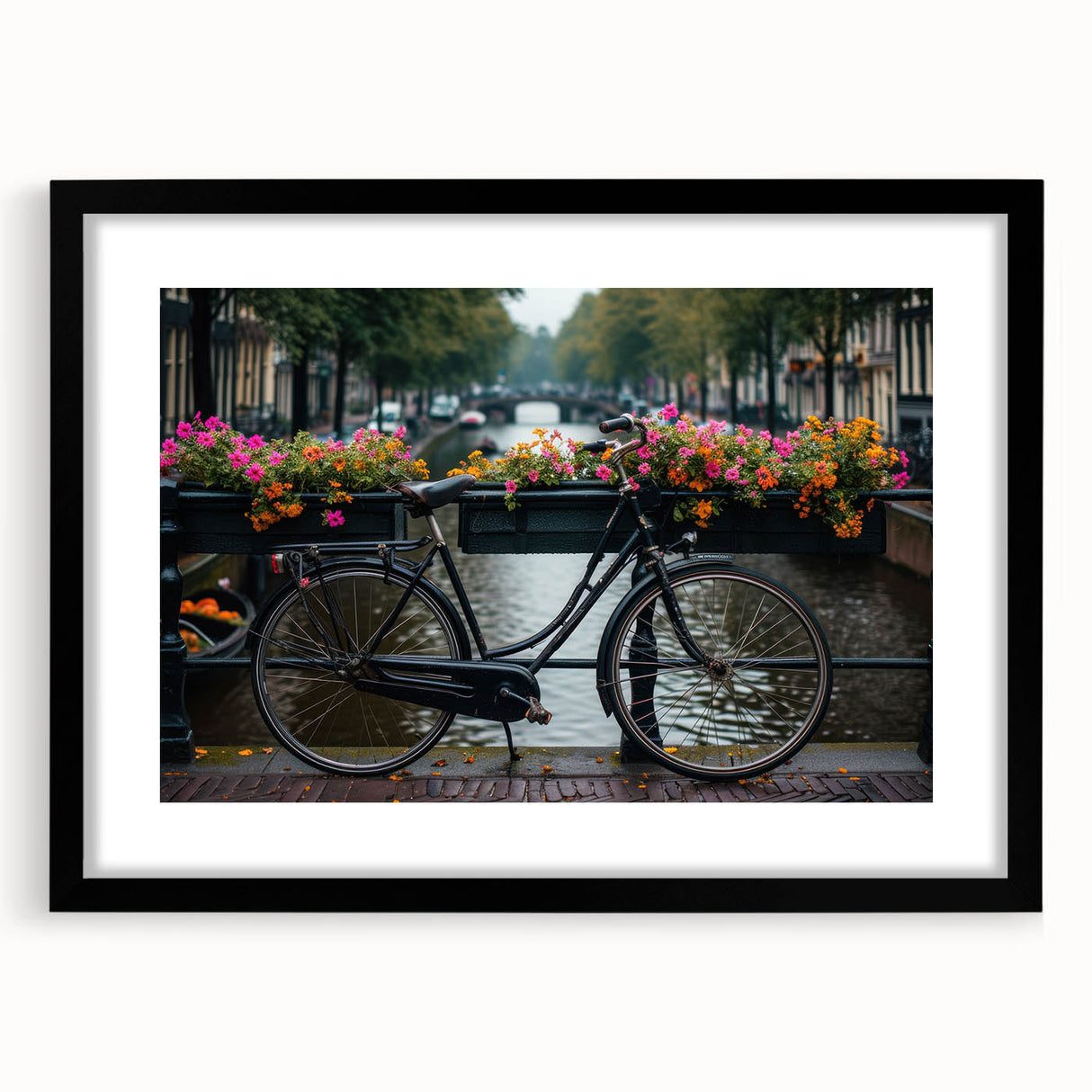 Abstract art print featuring a colorful, textured depiction of bicycles on a large black-framed canvas.