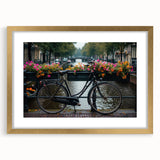 Textured art print of an abstract bicycle in gold and black tones, framed with a mat, ideal for bedroom decor.