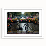 Extra large abstract art print of a bicycle in textured black and white, framed with a white mat.