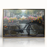 Mid-century modernist bicycle art print in muted earth tones on framed acrylic, suitable for nursery wall decor.
