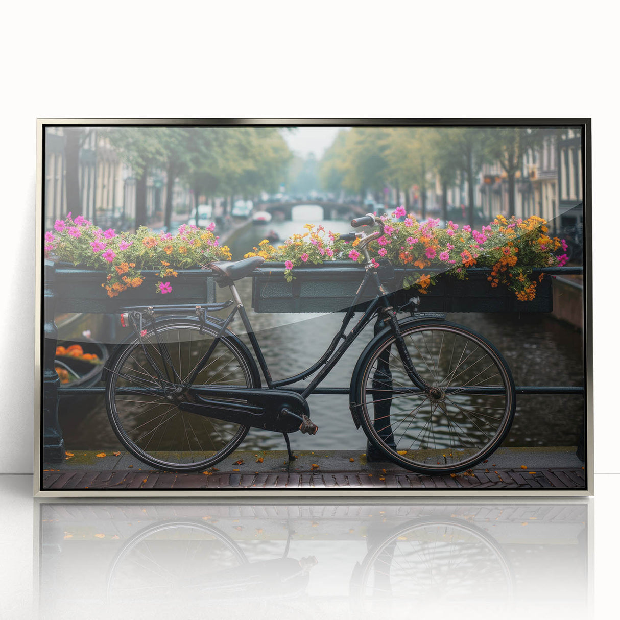 Mid-century modernist art deco bicycle illustration in silver frame, featuring pastel blue and pink tones.